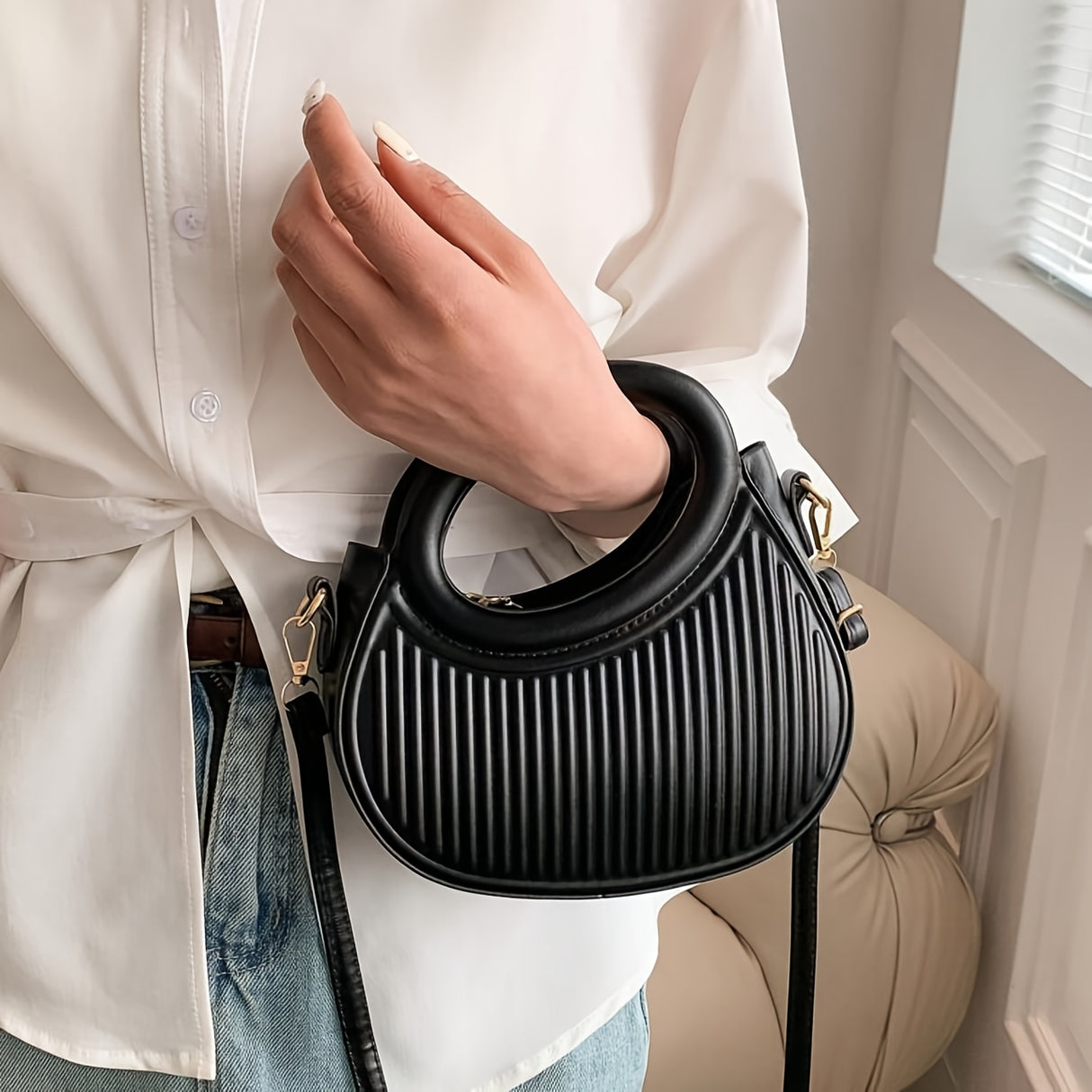 Chic Black Embossed Stripe Crossbody Bag for Women - Elegant Synthetic Leather Handbag with Golden-Tone Hardware, Versatile Shoulder Purse for Everyday Use, Versatile Shoulder Bag | Chic Stripe Design | Luxury Look Purse
