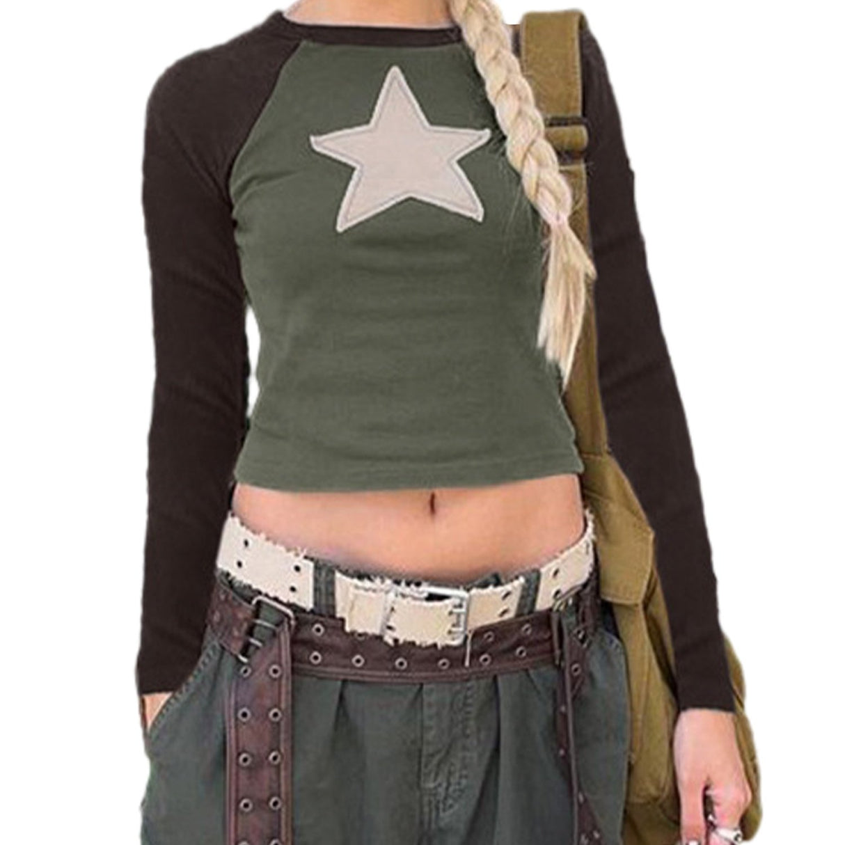 Women Short T-shirt Long Sleeve Crew Neck Star Patchwork Slim Fit Spring Fall Crop Tops Streetwear