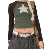 Women Short T-shirt Long Sleeve Crew Neck Star Patchwork Slim Fit Spring Fall Crop Tops Streetwear