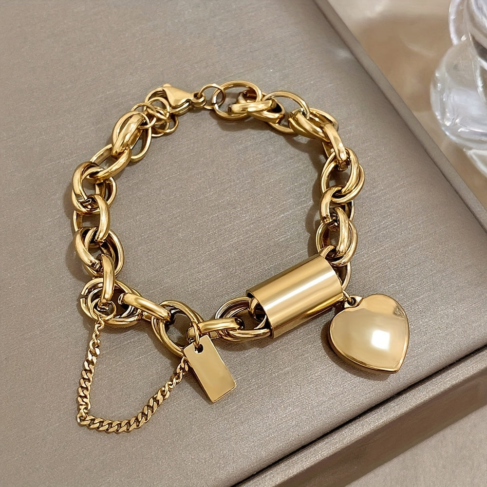 Punk Chunky Golden Color Thick Chain Stainless Steel Bracelets Fashion Design Heart Love Pendant Wrist JewelryNew Year's Gifts Valentine's Day Gifts