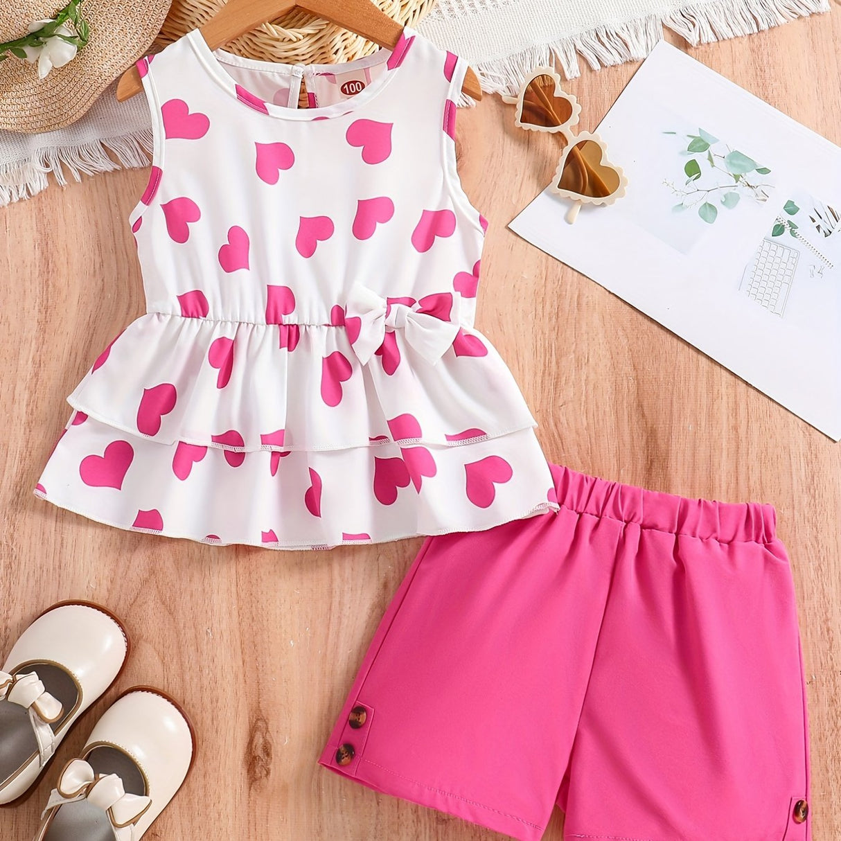 Girls Casual Trendy Cute Heart Graphic Sleeveless Peplum Top & Shorts Set For Summer Holiday Party Kids Clothes