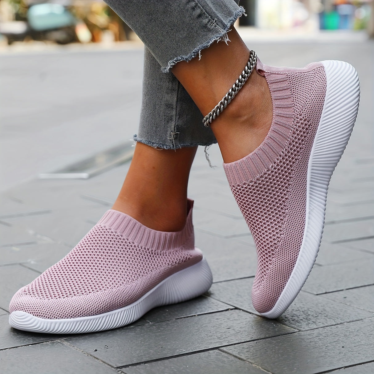 Women's Solid Color Flying Woven Sneakers, Casual & Breathable Slip On Outdoor Shoes, Lightweight Low Top Running Shoes plus size