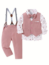 4pcs Toddler Boys Gentleman Outfit Set - Cotton Blend Long Sleeve Shirt, Bowtie, Vest, Suspender Pants with Floral Pattern for Wedding Party - All-Season Regular Fit, Woven Fabric, Single Breasted Lapel Collar, 5.0% Spandex,