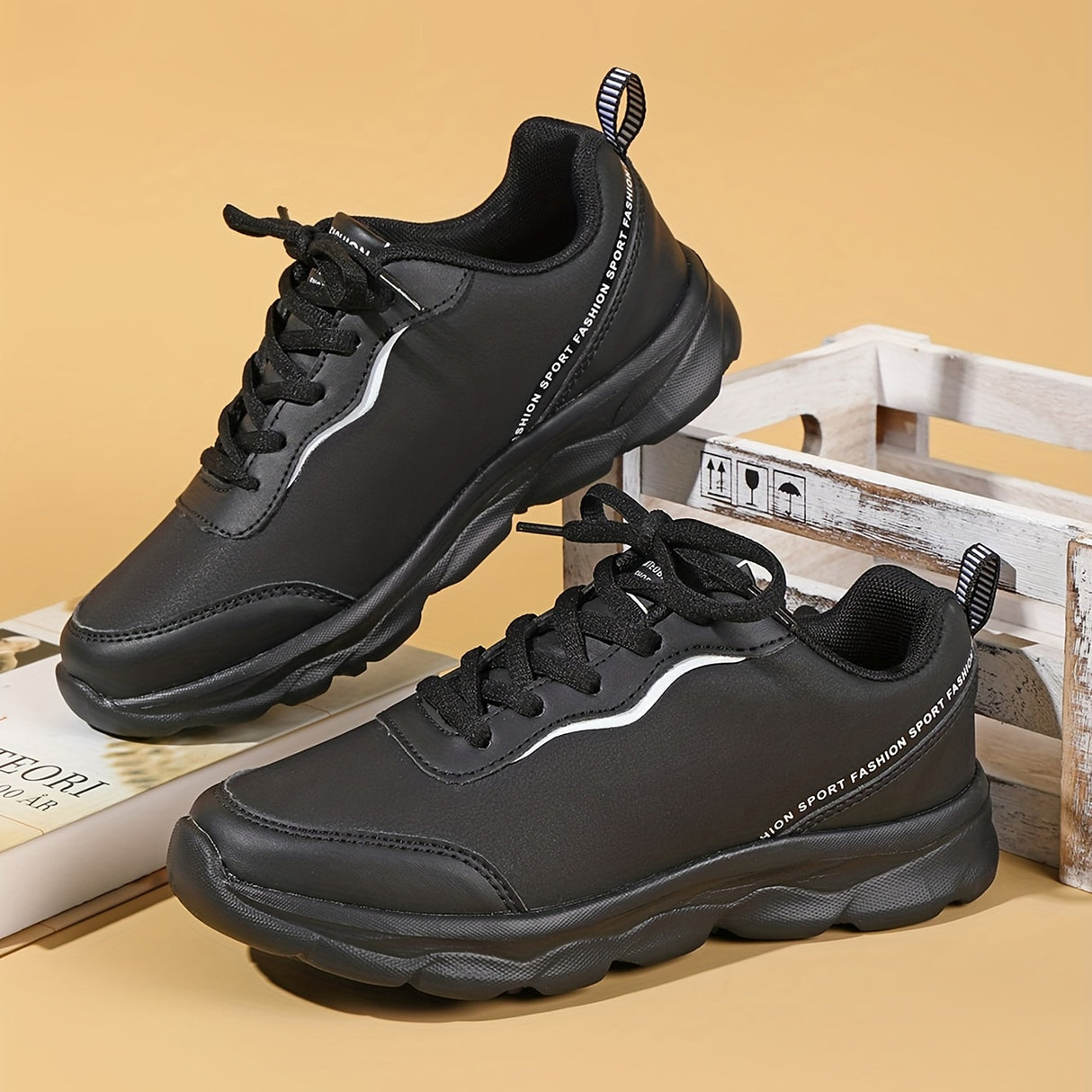 Women's Black Non-slip Sneakers, Casual Lace Up Faux Leather Running Shoes, Lightweight Outdoor Jogging Shoes