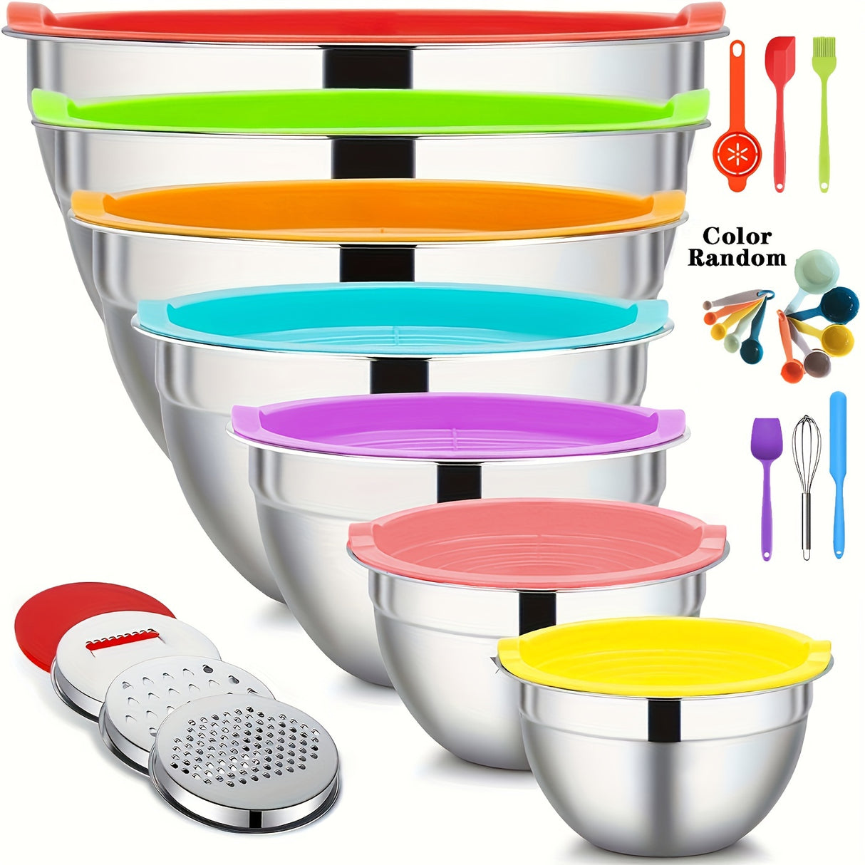 Mixing Bowls With Airtight Lids Set, 26PCS Stainless Steel Bowls With Grater Attachments, Non-Slip Bottoms & Kitchen Gadgets Set