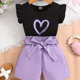 2pcs Girls Daily Casual Heart Print Crew Neck Sleeveless Top & Bow Shorts With Belt For Summer Kids Clothes
