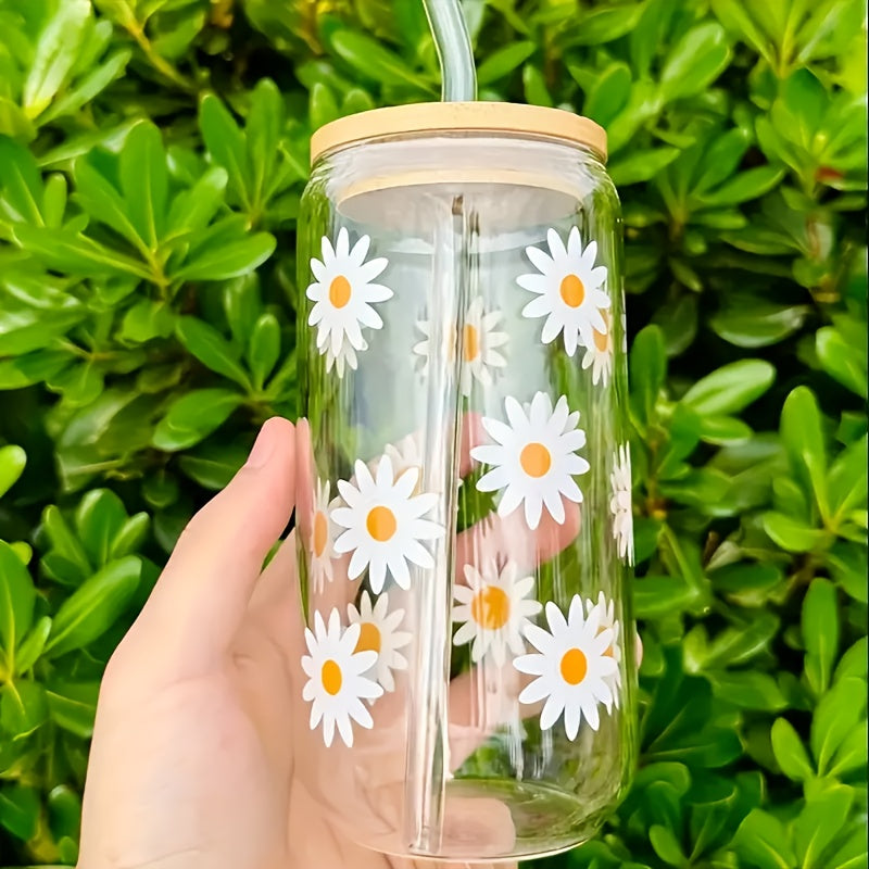 1pc, Daisy Pattern Drinking Glass With Lid And Straw, 16.9oz Can Shaped Water Cup, Cute Flower Iced Coffee Cup, For Beer, Juice, Milk, Birthday Gifts, Summer Drinkware