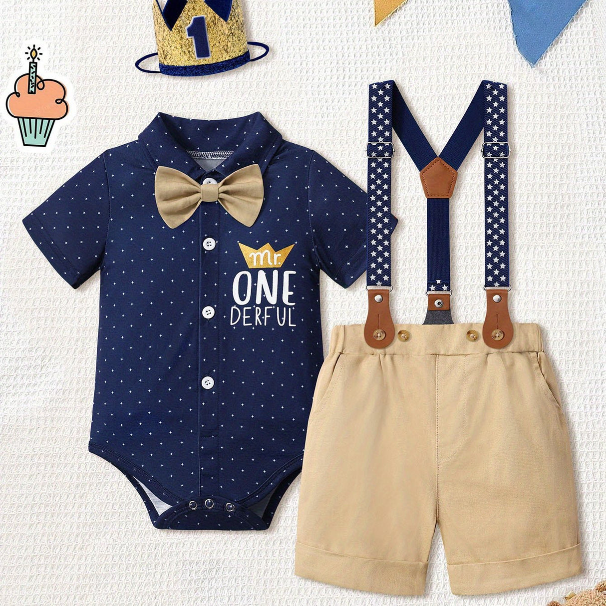 Baby Boy First Birthday Outfit Mr Onederful Bowtie Romper + Suspender Shorts+ Party Hat Cake Smash Outfits