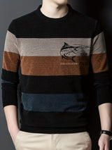 All Match Knitted Color Block Sweater, Men's Casual Warm High Stretch Crew Neck Pullover Sweater For Men Fall Winter