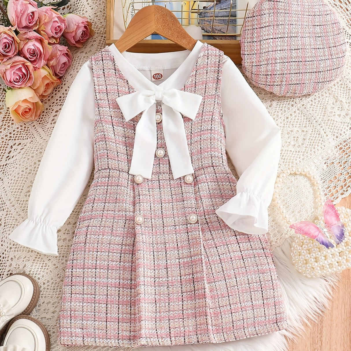 Girl's Elegant 2pcs, Long Sleeve Shirt & Knitted Dress Set, Bowknot Decor Plaid Pattern Casual Outfits, Kids Clothes For Spring Autumn