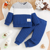 Toddler Boys 2-Piece Outfit, Spring/Autumn Knit Long Sleeve Top with Ribbed Pants, Casual Round Neck, Stretch Polyester, Color Block Design, Elastic Waistband, Baby Clothing Set, For Outdoor
