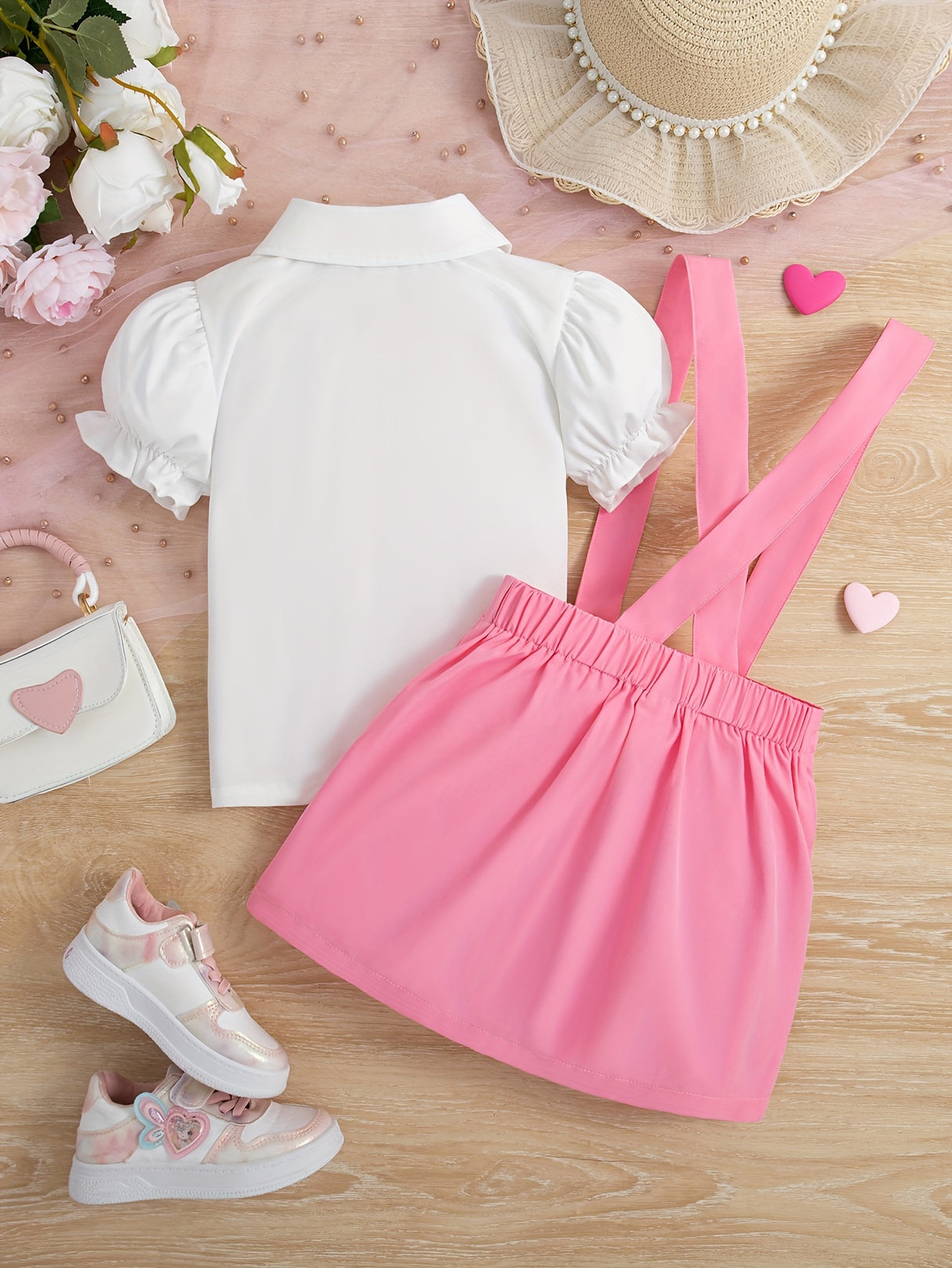 Buy 1 Get 1 Free, total of 2 pcs Girls Holiday Outfit Set - Adorable Beaded Bow Puff Sleeve T-shirt and Button Decor Suspender Skirt Combo - Perfect for Little Girls, Ideal Summer Gift and Holiday Wear, Girls Clothing Collect