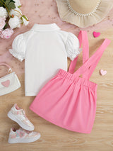 Buy 1 Get 1 Free, total of 2 pcs Girls Holiday Outfit Set - Adorable Beaded Bow Puff Sleeve T-shirt and Button Decor Suspender Skirt Combo - Perfect for Little Girls, Ideal Summer Gift and Holiday Wear, Girls Clothing Collect