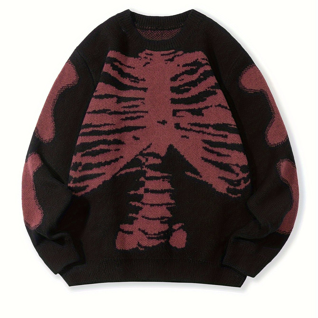 Skeleton Pattern Knitted Sweater, Men's Casual Warm Mid Stretch Crew Neck Pullover Sweater For Men Fall Winter