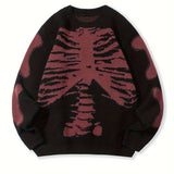 Skeleton Pattern Knitted Sweater, Men's Casual Warm Mid Stretch Crew Neck Pullover Sweater For Men Fall Winter