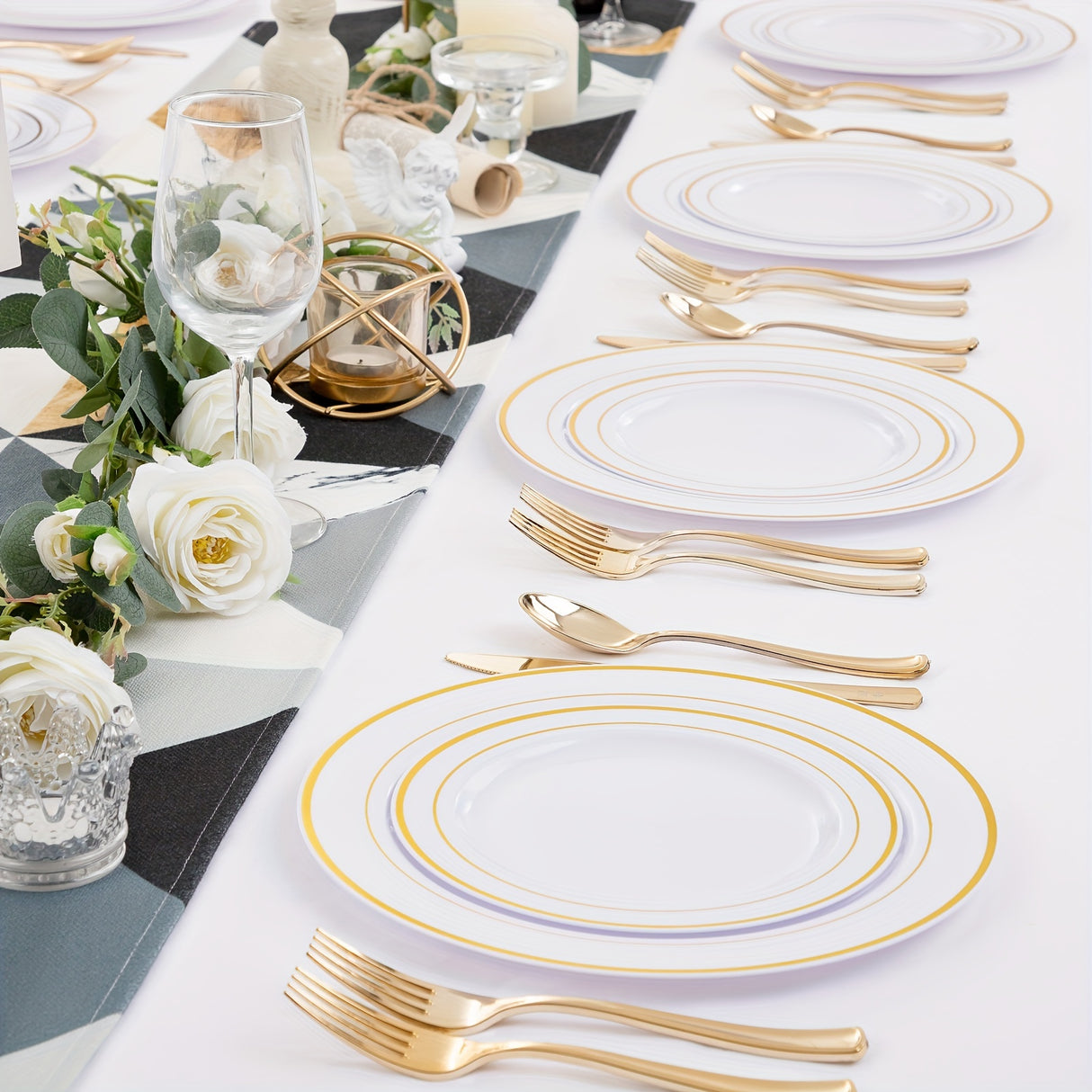 50pcs Gold Plastic Plates with Silverware, Gold Dinnerware Set Perfect for Wedding Includes: 10 Dinner Plates 10.25", 10 Salad Plates 7.5", 10 Gold Silverware Sets, White Gold Plates for Party, Holidays, Hand washable and reu