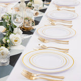 50pcs Gold Plastic Plates with Silverware, Gold Dinnerware Set Perfect for Wedding Includes: 10 Dinner Plates 10.25", 10 Salad Plates 7.5", 10 Gold Silverware Sets, White Gold Plates for Party, Holidays, Hand washable and reu