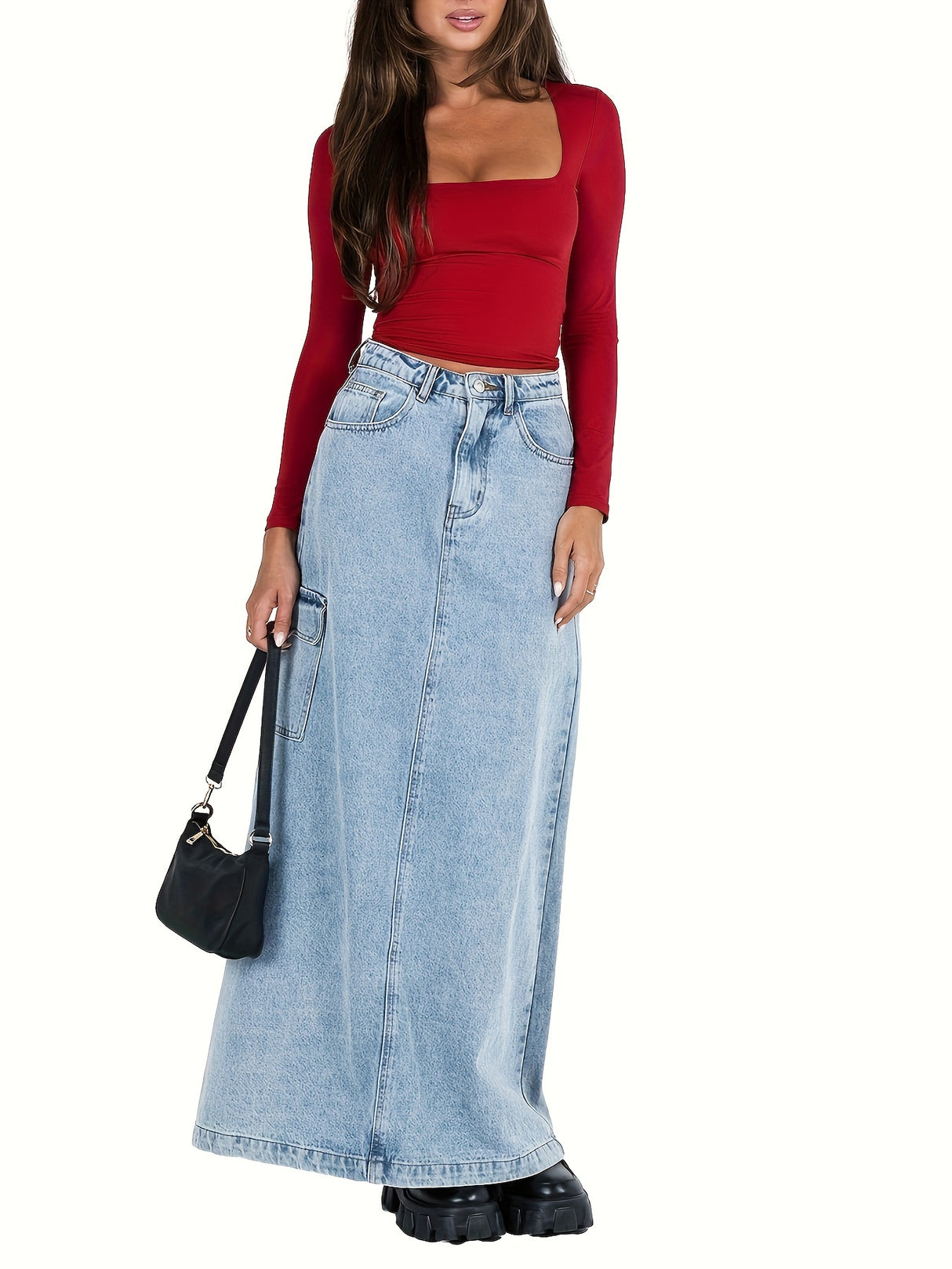 Women's Slim Fit Crop Tops Long Sleeve Square Neck Solid Color T-Shirt Dressy Blouses