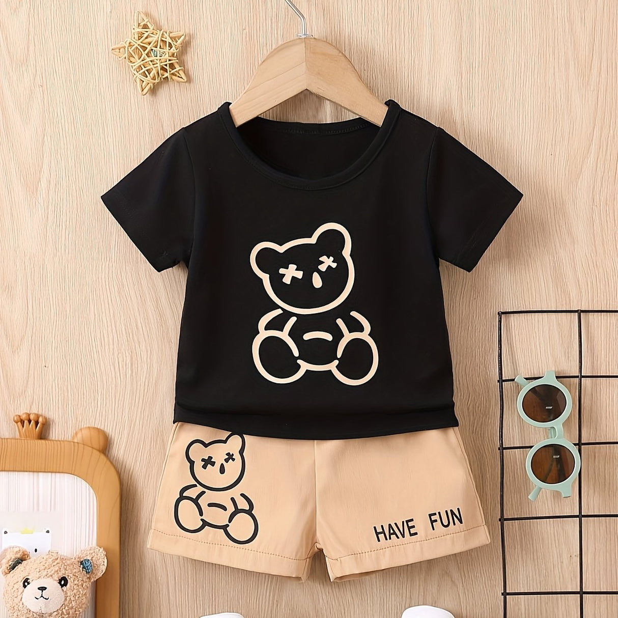 Toddler Boys 2-Piece Set, Cute Bear Pattern, Casual Short Sleeve T-Shirt & Shorts, Comfortable Summer Outfit for Kids