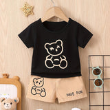 Toddler Boys 2-Piece Set, Cute Bear Pattern, Casual Short Sleeve T-Shirt & Shorts, Comfortable Summer Outfit for Kids