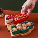 1set, Ceramic Breakfast Tray, Christmas Tree Shaped Plates Chip & Dip Set, Christmas Ceramic Snack Plate With Bamboo Tray, Removable Porcelain Tree Appetizer Dessert Fruit Salad Saucers Bowl, Cutlery Platter Serving Dish