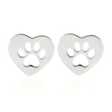 Heart Shape Hollow Animal Footprint Pattern Stud Earrings Cute Elegant Style Stainless Steel Jewelry Exquisite Gift For Lovers