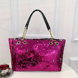 Large Capacity Sequin Glitter Tote Bag - Sparkly Bling Metal Chain Shoulder Bag with Fixed Straps, Polyester Lining, and Zipper Closure - Perfect Casual Commuter Bag for Carnaval and Everyday Use, Great Gift Idea