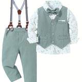 4pcs Toddler Boys Gentleman Outfit Set - Cotton Blend Long Sleeve Shirt, Bowtie, Vest, Suspender Pants with Floral Pattern for Wedding Party - All-Season Regular Fit, Woven Fabric, Single Breasted Lapel Collar, 5.0% Spandex,