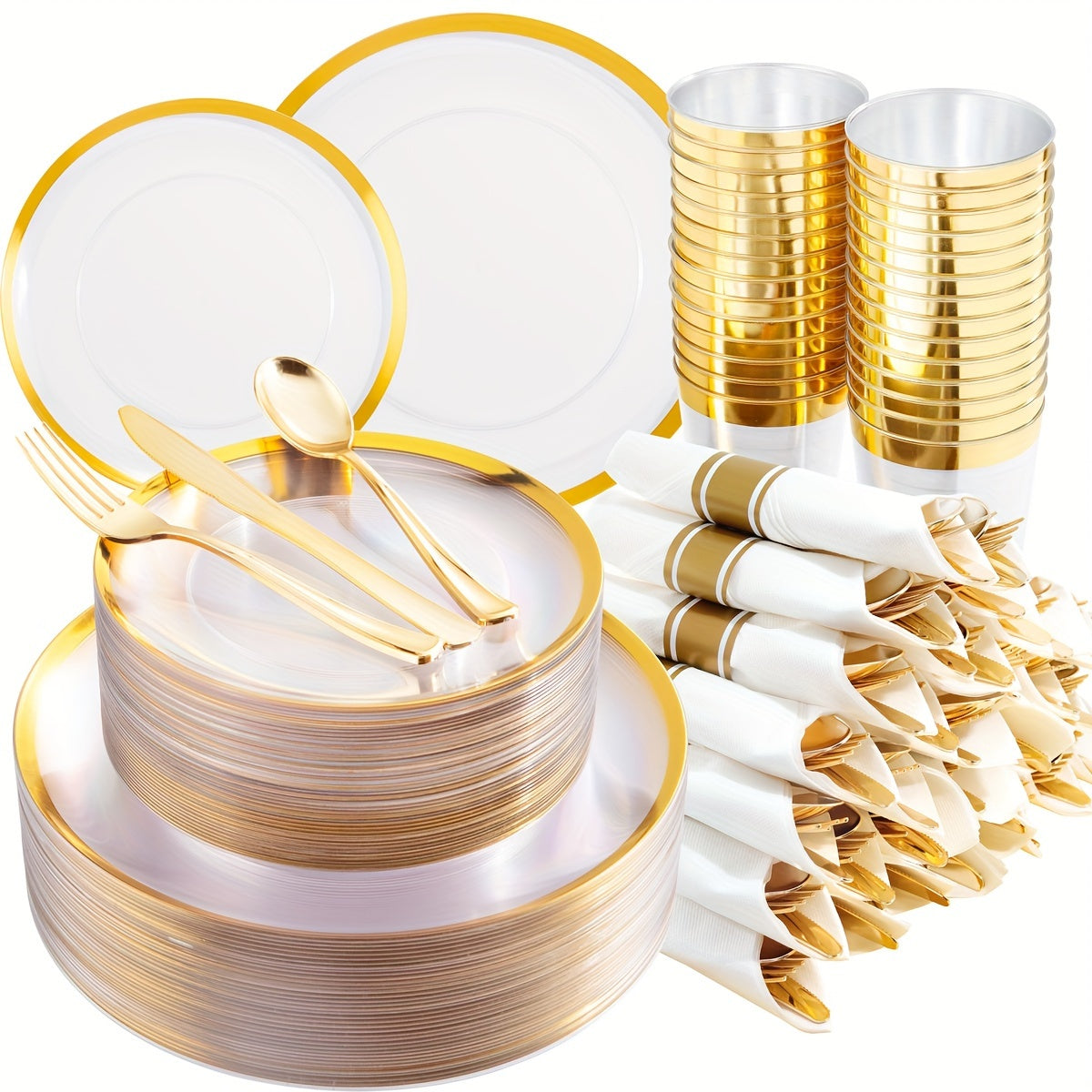 840pcs Gold Plastic Dinnerware set Include Wrapped Plastic Gold Silverware, Clear and Gold Plastic Plates, Disposable Cutlery Clear Plates with Gold Trim for Parties, Birthday Gifts 120Guests