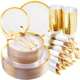 840pcs Gold Plastic Dinnerware set Include Wrapped Plastic Gold Silverware, Clear and Gold Plastic Plates, Disposable Cutlery Clear Plates with Gold Trim for Parties, Birthday Gifts 120Guests