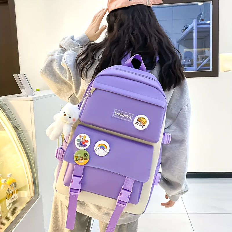 5pcs LANSHIYA Canvas Backpack Set - Solid Color, Casual Travel & School Bag with Messenger Bag, Large Capacity, Zipper Closure, Polyester Lining, Hand Wash/Dry Clean Care