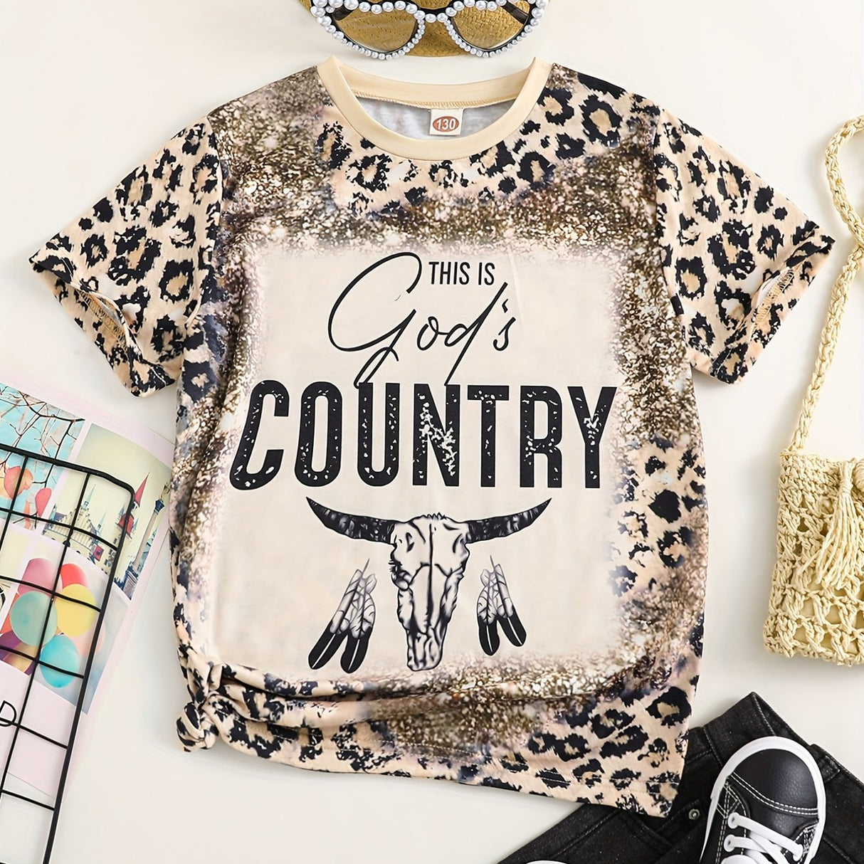 Girls Cute Round Neck "COUNTRY" Graphic Short Sleeve T-shirt Casual Tees Top Summer Kids Clothes