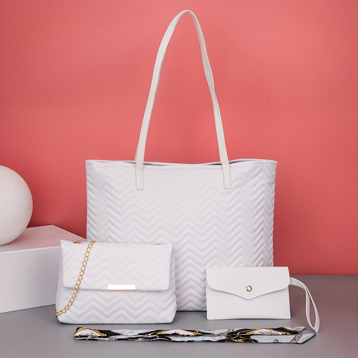 Quilted Detail Tote Bag Set: Classic Shoulder Chain Bag, Crossbody Purse with Scarf Decor