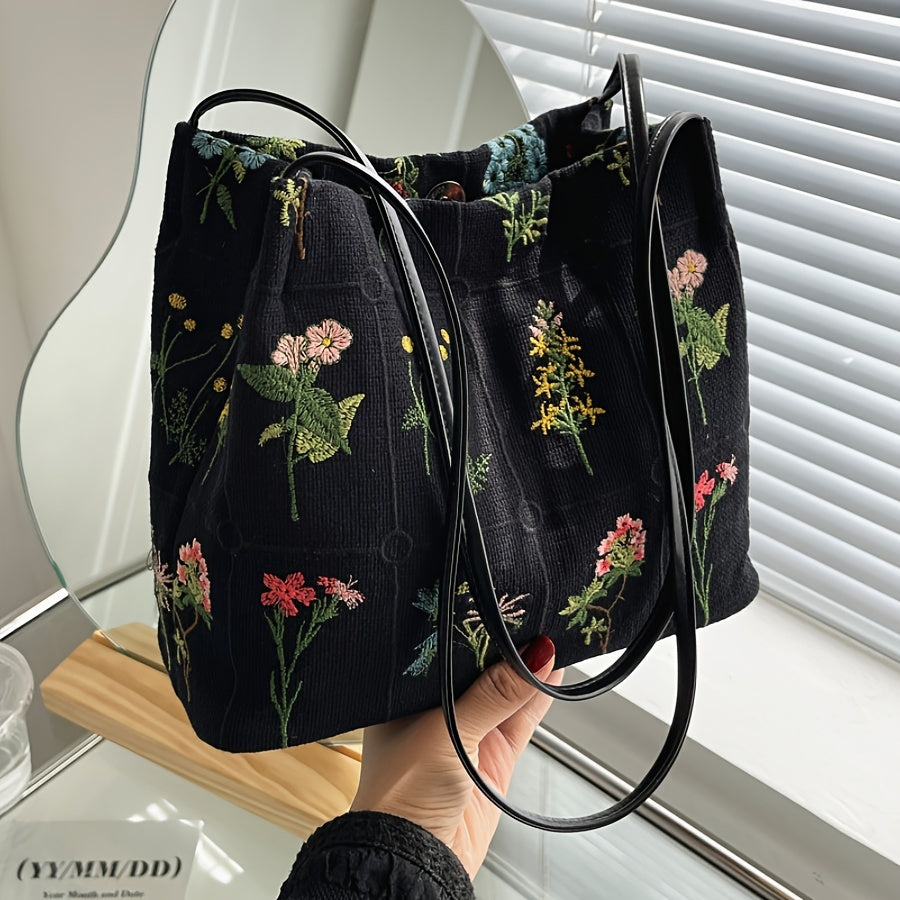 Embroidered Print Tote Bag, Stylish Collapsible Shoulder Bag, Perfect Crossbody Bag For Daily Use