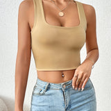 Chic Square Neck Crop Top for Women - Versatile, Medium Stretch, Non-Sheer Casual Wear, Perfect Year-Round Fashion