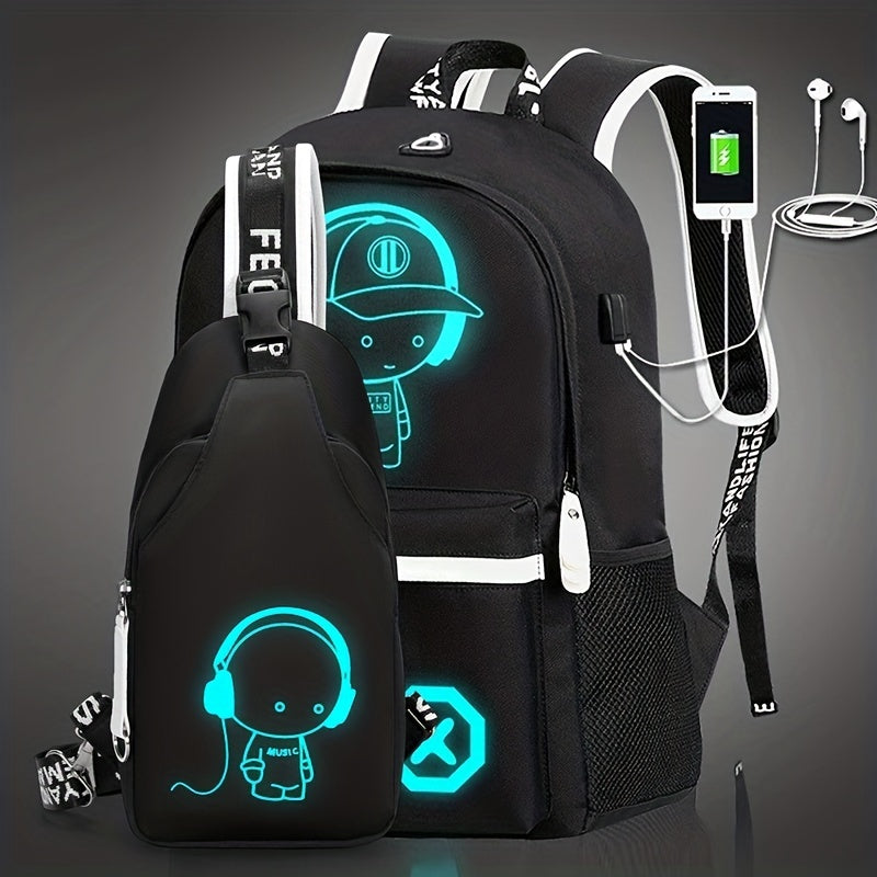 2pcs/set Cartoon Print Large Capacity Casual Backpack, 2-Piece Set: Travel Backpack, School Bag, Chest Bag