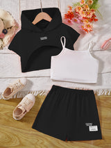 Girl's Stylish 3pcs, Hooded T-shirt & Camisole & Shorts Set, CALIFORNIA Patched Short Sleeve Top, Casual Outfits, Kids Clothes For Summer