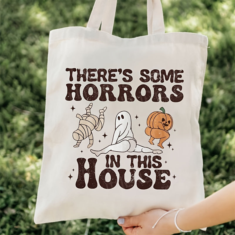 Ghost Skull Pumpkin Print Tote Bag, There's Some Horrors In This House Pattern Shoulder Bag, Lightweight Shopper Bag Halloween Gift