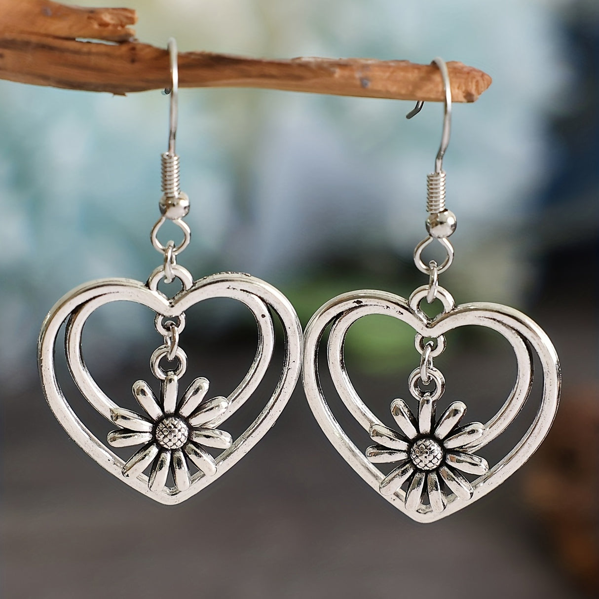 Love Double Layer Hollow Daisy Drop Earrings Women's Silver Plated Jewelry Gift