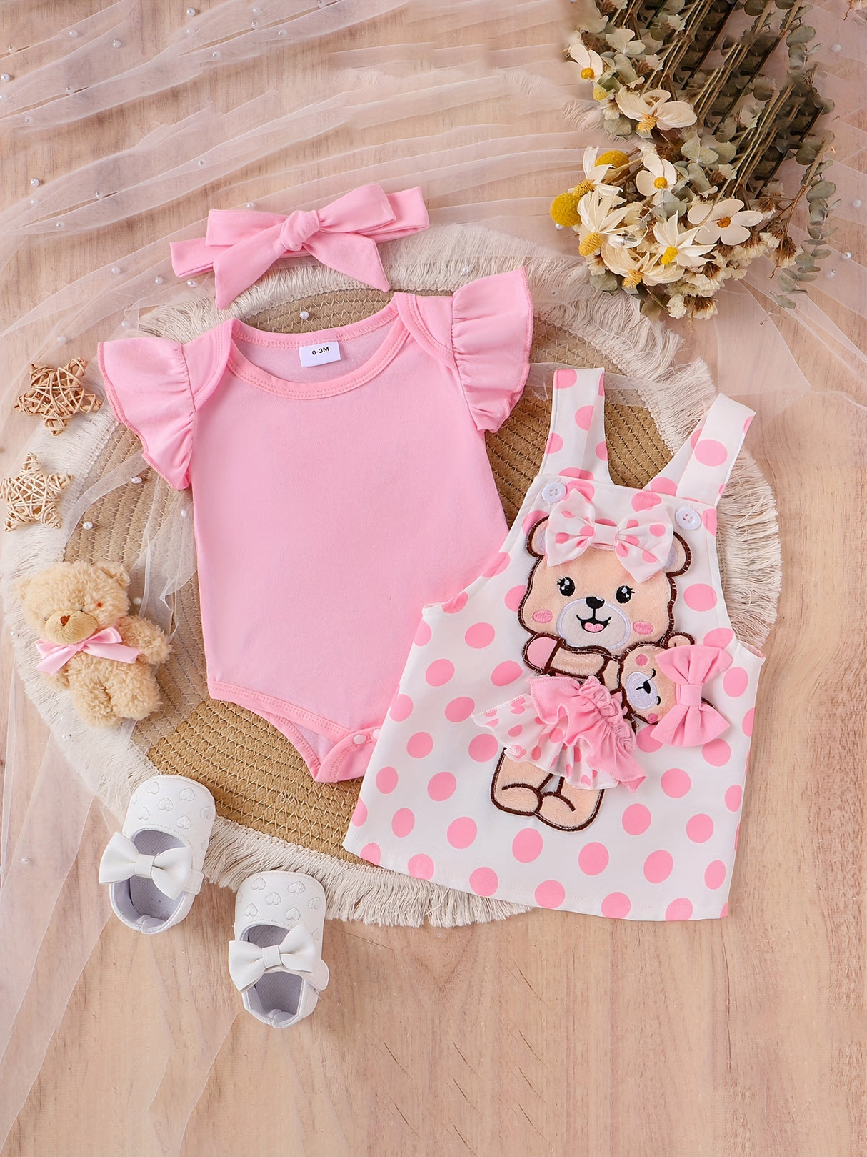 Baby Girl Outfit Summer Lace Short Sleeved + Teddy Bear Strap Skirt +Headknot 3pcs with 0-18Months