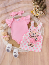 Baby Girl Outfit Summer Lace Short Sleeved + Teddy Bear Strap Skirt +Headknot 3pcs with 0-18Months