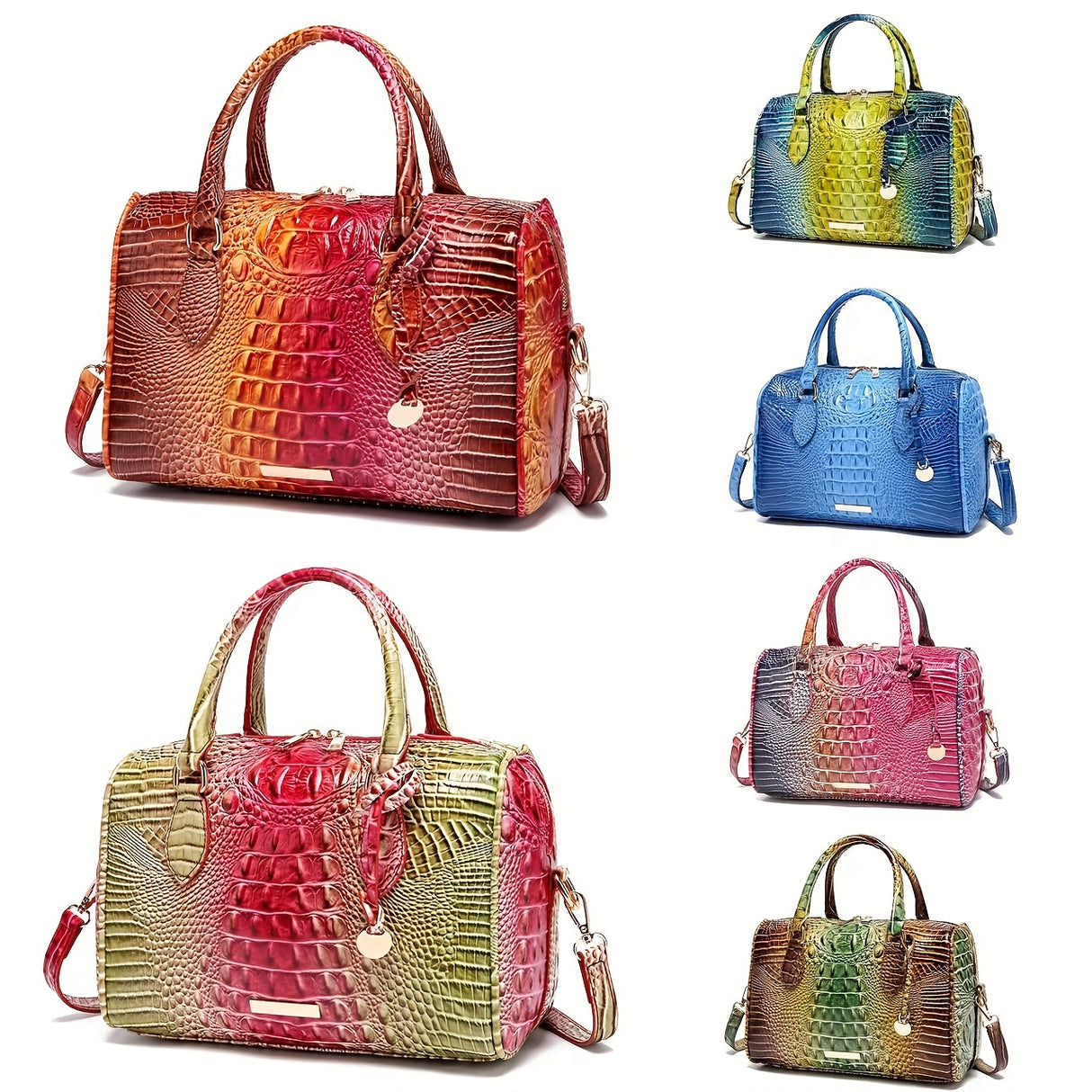 Luxury Crocodile Pattern Handbag, Retro Genuine Purse, Women's Classic Boston Bag & Shoulder Bag