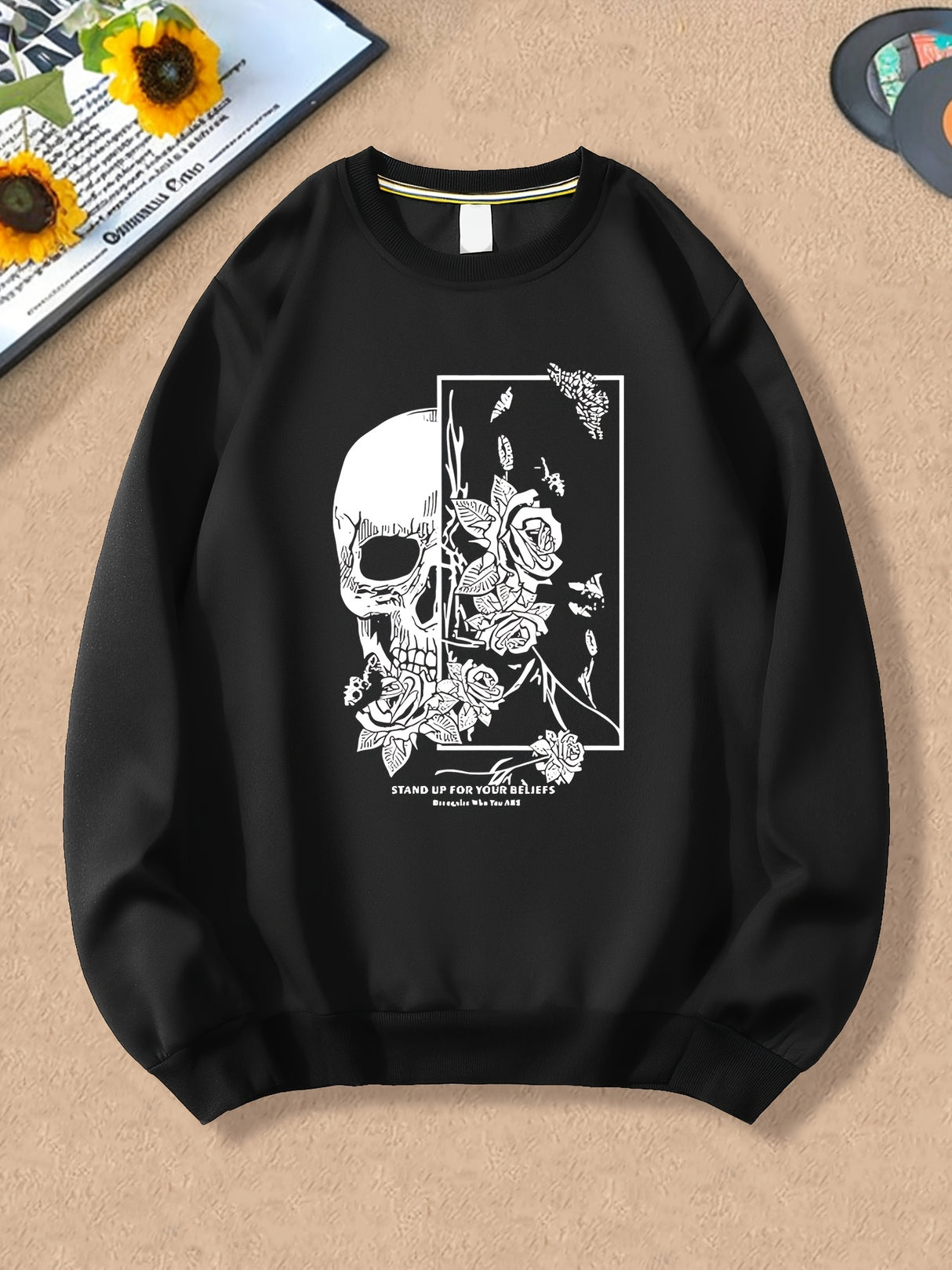 Spring And Autumn, Men'S Fashion Crew Neck Sweater, Skull Rose Letter Print Pattern, Outdoor Wear Inside And Outside With The Same Crew Neck Sweater For Men And Women