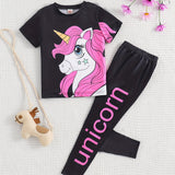 Girl's 2pcs T-shirt & Elastic Waist Pants Set, UNICORN Print Short Sleeve Tee Top, Casual Outfits, Kids Clothes For Summer