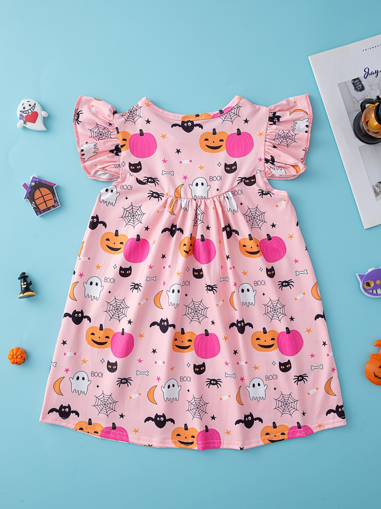 Flutter-Sleeve Pumpkin Halloween Dress - Super Comfort for Little Girls - Perfect Casual Party Wear, Autumn/Spring Seasons