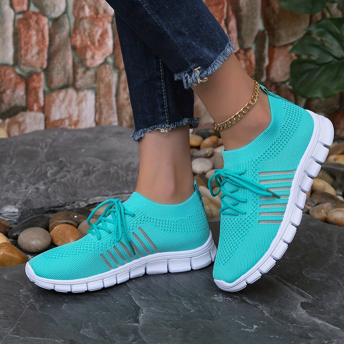 Womens All-Season Lace Up Knit Sneakers - Breathable Mesh Upper, Comfortable Fabric Insole, EVA Sole, Versatile Solid Color Running Shoes for Casual Wear