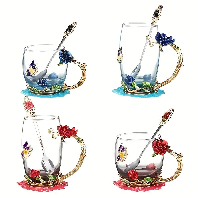 Set, Elegant Flower Pattern Tea Cup With Coaster And Spoon, 350ml/11.8oz Clear Glass Coffee Mug Set - Coffee Cups, Water Cups - For Summer & Winter - Suitable for Home & Office - Perfect Gift for Birthday