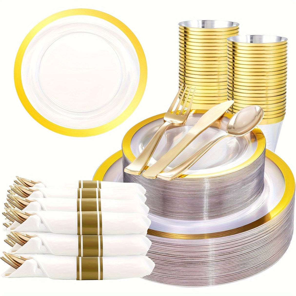 350PCS Clear Gold Plastic Plates Clear Plates with Gold Rim for 50Guests Dinnerware Include 100 Gold Clear Plates disposable 150 Gold Silverware 50Napkins for Party&Wedding&Easter