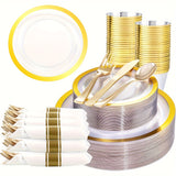 350PCS Clear Gold Plastic Plates Clear Plates with Gold Rim for 50Guests Dinnerware Include 100 Gold Clear Plates disposable 150 Gold Silverware 50Napkins for Party&Wedding&Easter