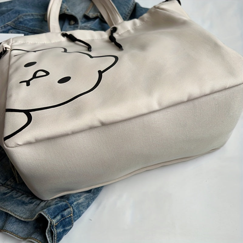 Simple Cartoon Bear Canvas Shoulder Bag, Versatile All-Match Tote Bag With Mini Coin Purse